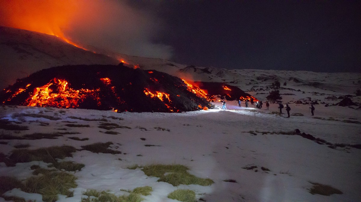 CATANIA, ITALY - FEBRUARY 14: A view of Mount Etna seen from Adrano, Catania, which is producing a new eruption on 14 February 2025. A lava flow emerged from a fissure at about 3,000 metres on the sou ...