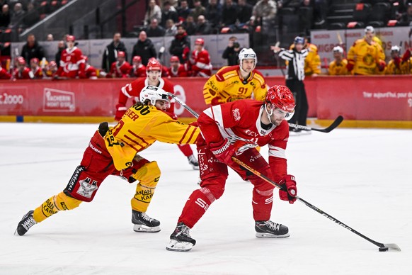 Le defenseur de Langnau Janis Elsener, gauche, lutte pour le puck avec l&#039;attaquant lausannois Guillaume Maillard, droite, lors de la rencontre du championnat suisse de hockey sur glace de Nationa ...