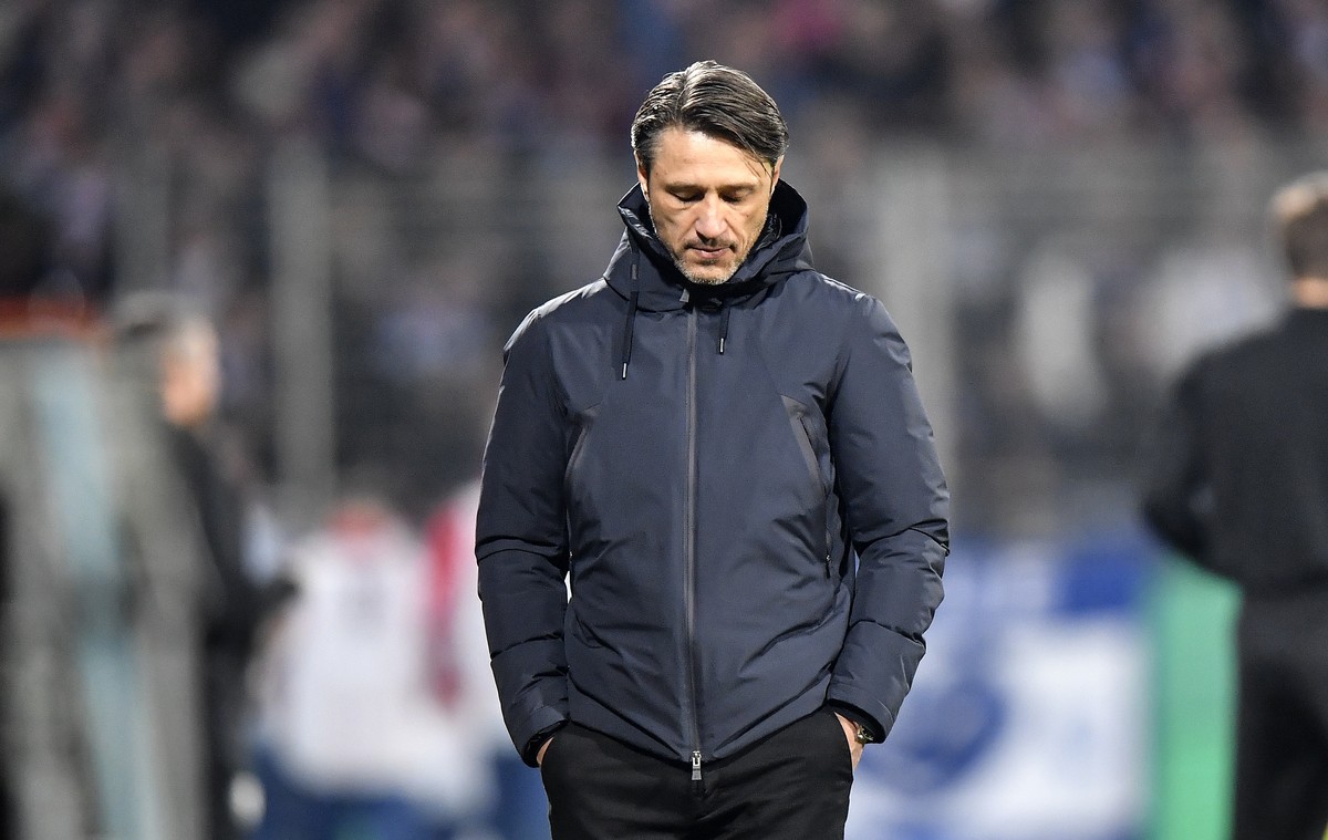FILE - In this Oct. 29, 2019 file photo, Bayern's head coach Niko Kovac looks down during the German soccer cup, DFB Pokal, second Round match between VfL Bochum and Bayern Munich in Bochum, Germ ...
