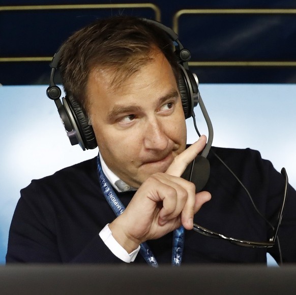 Sascha Ruefer, Swiss sports moderator for the Swiss TV SRF, looks on prior to the 2018 Fifa World Cup Russia group B qualification soccer match between Switzerland and Hungary in the St. Jakob-Park st ...