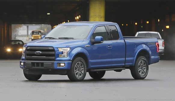 FILE - This Nov. 6, 2014, file photo shows the 2015 Ford F-150 Super Cab pickup at the Rouge Truck Plant in Dearborn, Mich. The four-door Super Crew version of the 2015 F-150 got top ratings in all fi ...