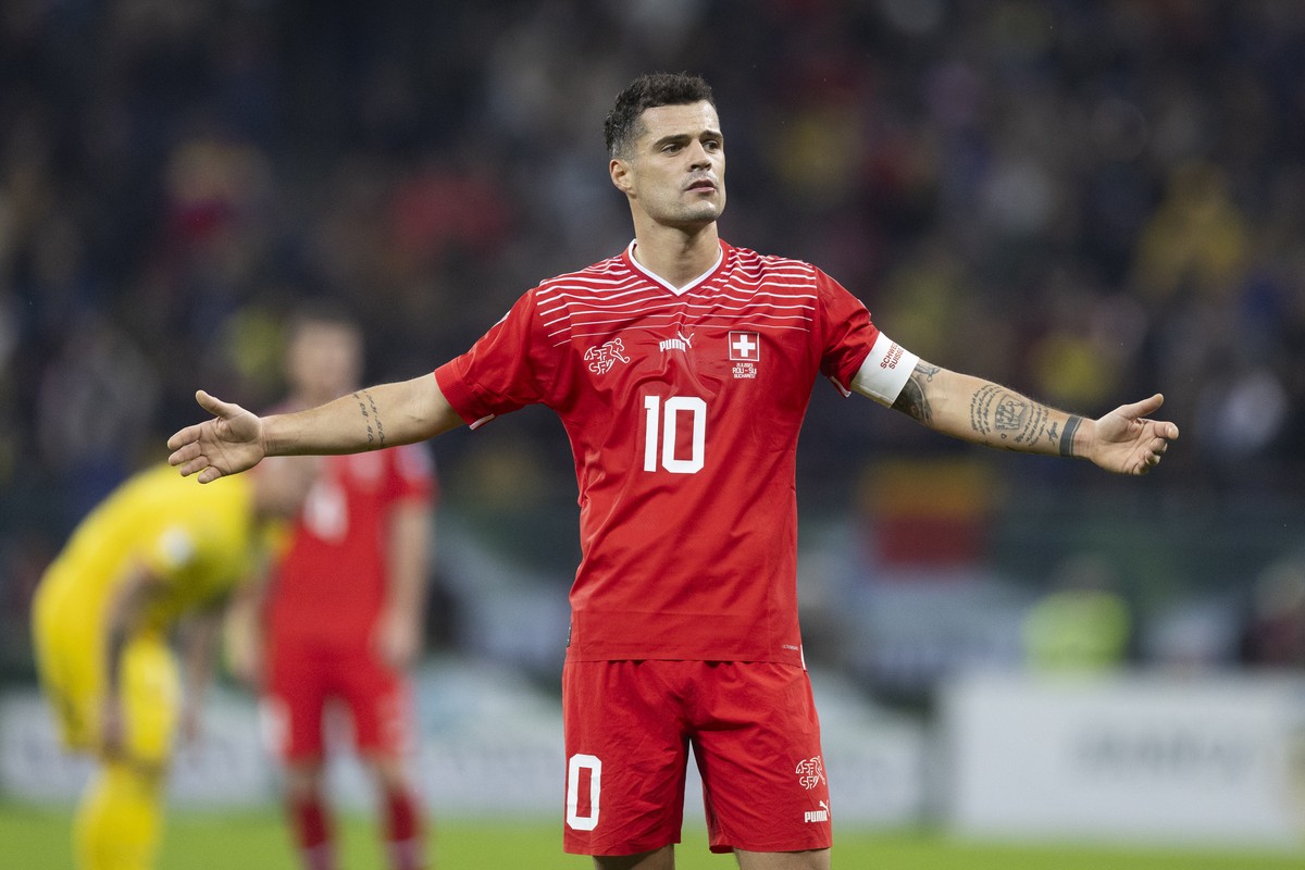 Switzerland's Granit Xhaka reacts during the UEFA Euro 2024 qualifying group I soccer match between Romania and Switzerland at the National Arena stadium in Bucharest, Romania, Tuesday, November  ...