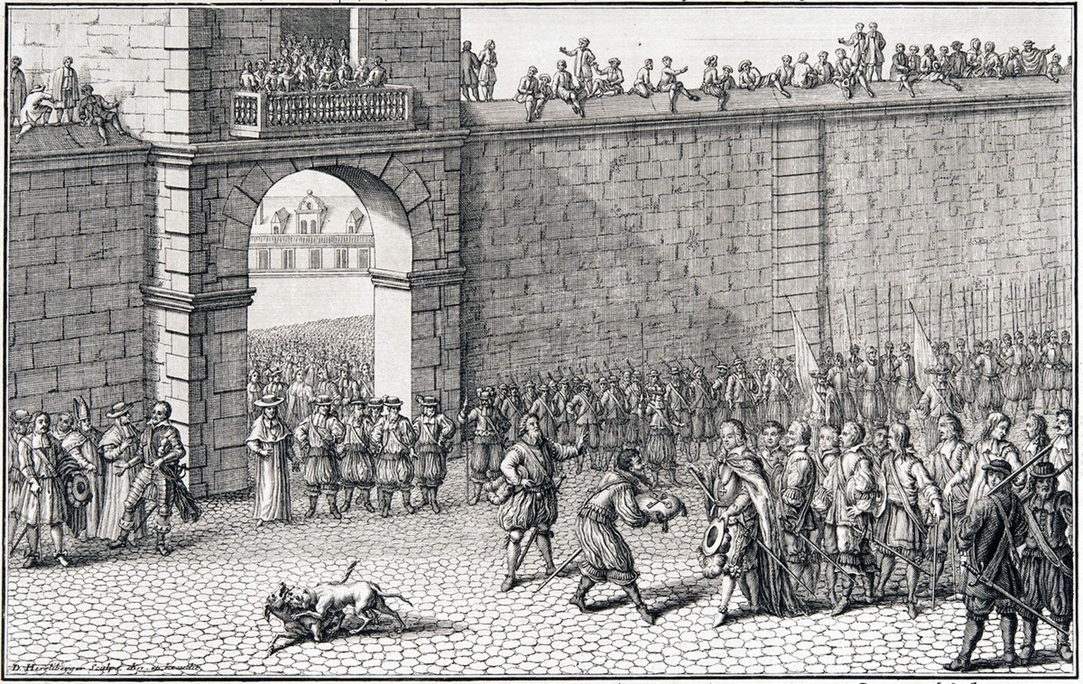 Der junge Herzog Maximilian Sforza wird von den Eidgenossen vor der Stadtmauer von Mailand in sein väterliches Erbe eingesetzt. Stich von 1743.
