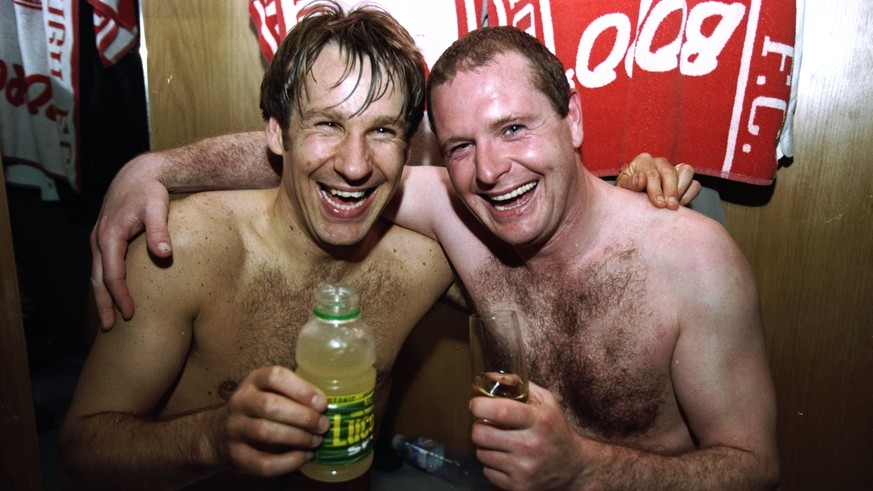 3 May 1998: Paul Gascoigne and Paul Merson of Middlesbrough celebrate a return to top flight football after a Nationwide Division One match against Oxford United at the Riverside Stadium in Middlesbro ...
