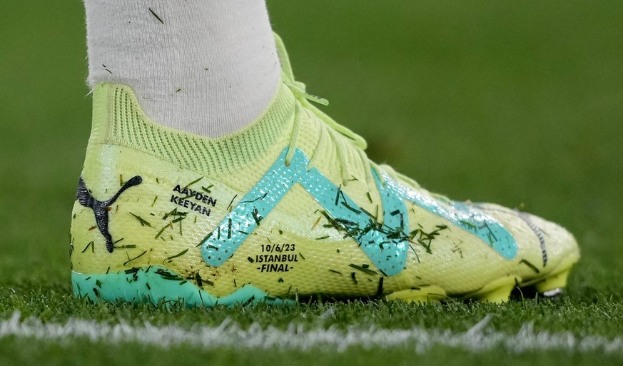 The Puma football boots of Manuel Akanji of Man City during the Manchester City -MD1 opening training session ahead of the Champions League Final at The Ataturk Olympic Stadium, Istanbul, Turkey on th ...
