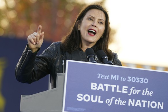 Gov. Gretchen Whitmer, D-Mich., speaks before Democratic presidential candidate former Vice President Joe Biden and former President Barack Obama speak at a rally at Belle Isle Casino in Detroit, Mich ...