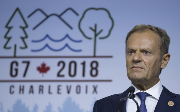 epa06793877 European Union Council President Donald Tusk holds a press conference at the G7 summit in Charlevoix in Canada 08 June 2018. The G7 Summit runs from 08 to 09 June in Charlevoix, Canada. EP ...