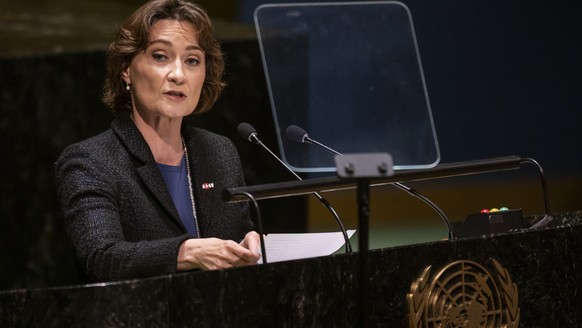 epa10002498 Pascale Baeriswyl, Ambassador and Permanent Representative of Switzerland to the United Nations addresses the UN General Assembly at the UN headquarters in New York, USA, 08 June 2022. The ...