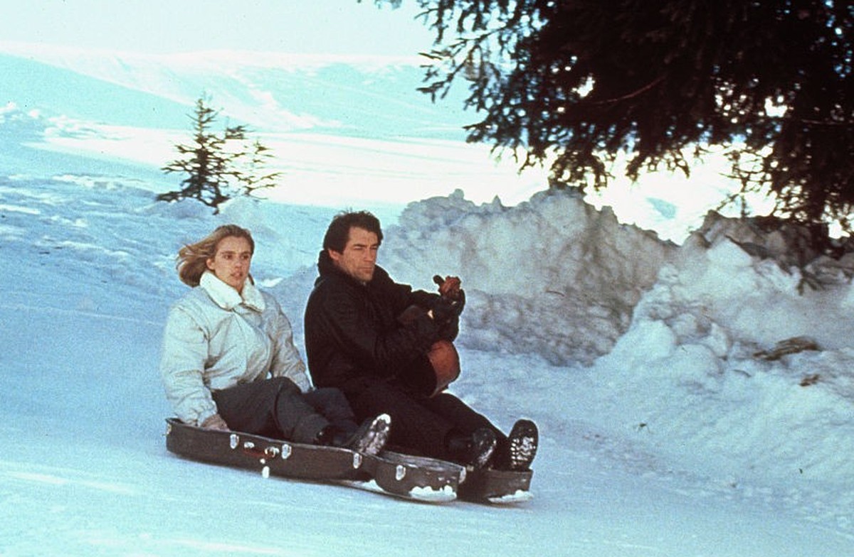Actor Timothy Dalton and actress Maryam d'Abo on the set of "The Living Daylights". (Photo by Sunset Boulevard/Corbis via Getty Images)