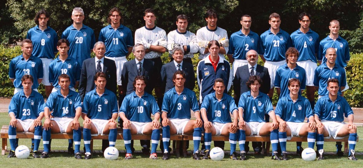Italy's World Cup soccer team poses at the Coverciano training camp on Saturday, May 30, 1998. Sitting, left to right: Enrico Chiesa, Roberto Di Matteo, Alessandro Costacurta, Alessandro Del Pier ...