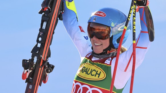 United States&#039; Mikaela Shiffrin celebrates winning an alpine ski, women&#039;s World Cup giant slalom, in Courchevel, France, Tuesday, Dec. 21, 2021. (AP Photo/Marco Trovati)