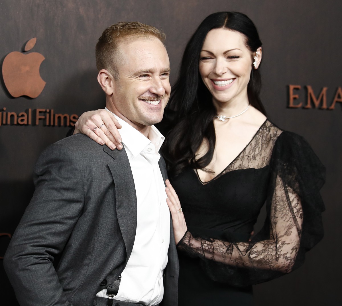 epa10340692 US actors Ben Foster (L) and Laura Prepon (R) attend the premiere of the movie 'Emancipation' at the Regency Village Theatre in Los Angeles, California, USA, 30 November 2022. EP ...