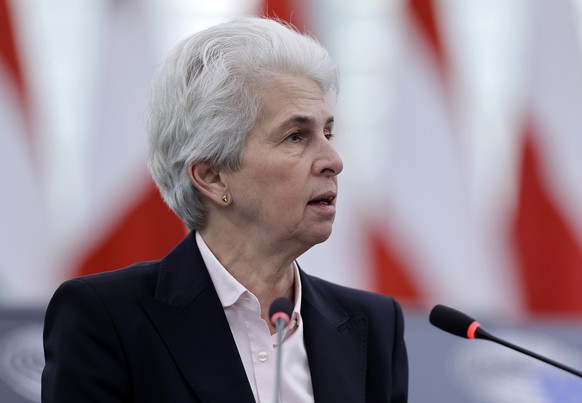 epa11844411 Marie-Agnes Strack-Zimmermann, Chairwoman of the Committee on Security and Defense in the European Parliament, speaks during a debate on &#039;Uniting Europe against actors hostile to the  ...