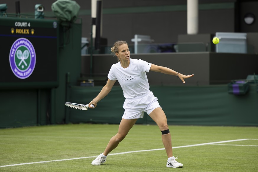 Viktorija Golubic of Switzerland in action during a training session the All England Lawn Tennis Championships in Wimbledon, London, Saturday, July 1, 2023. The Wimbledon Tennis Championships 2023 wil ...