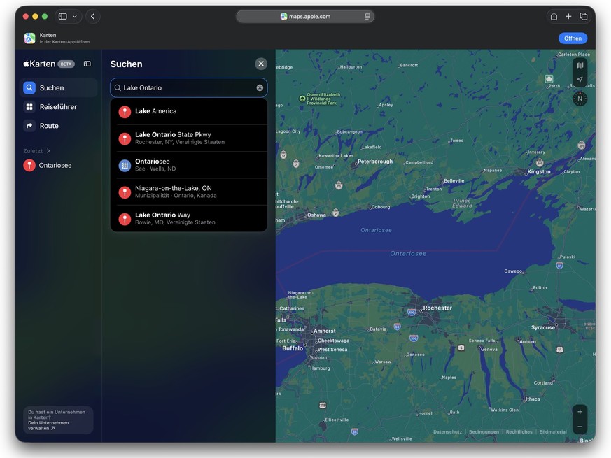 Apple Maps (2. September 2026): Wenn man in der Schweiz bei Apples Kartendienst nach Lake Ontario sucht, wird bei den Treffern zuerst Lake Amerika anzeigt.