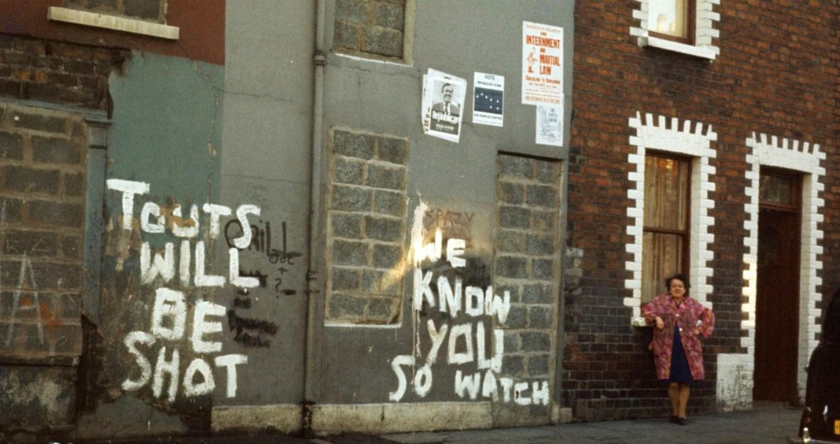 IRA warnings on Lower Falls Road, West Belfast, March 1972.