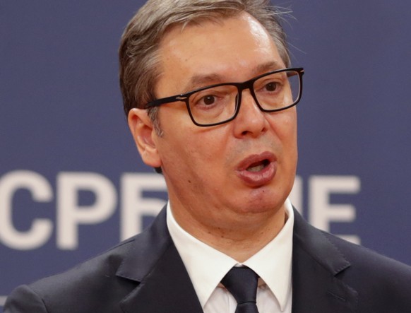 epa10097625 Serbian President Aleksandar Vucic speaks during a press conference with Spanish Prime Minister after their meeting in Belgrade, Serbia, 29 July 2022. Prime Minister Sanchez is on an offic ...