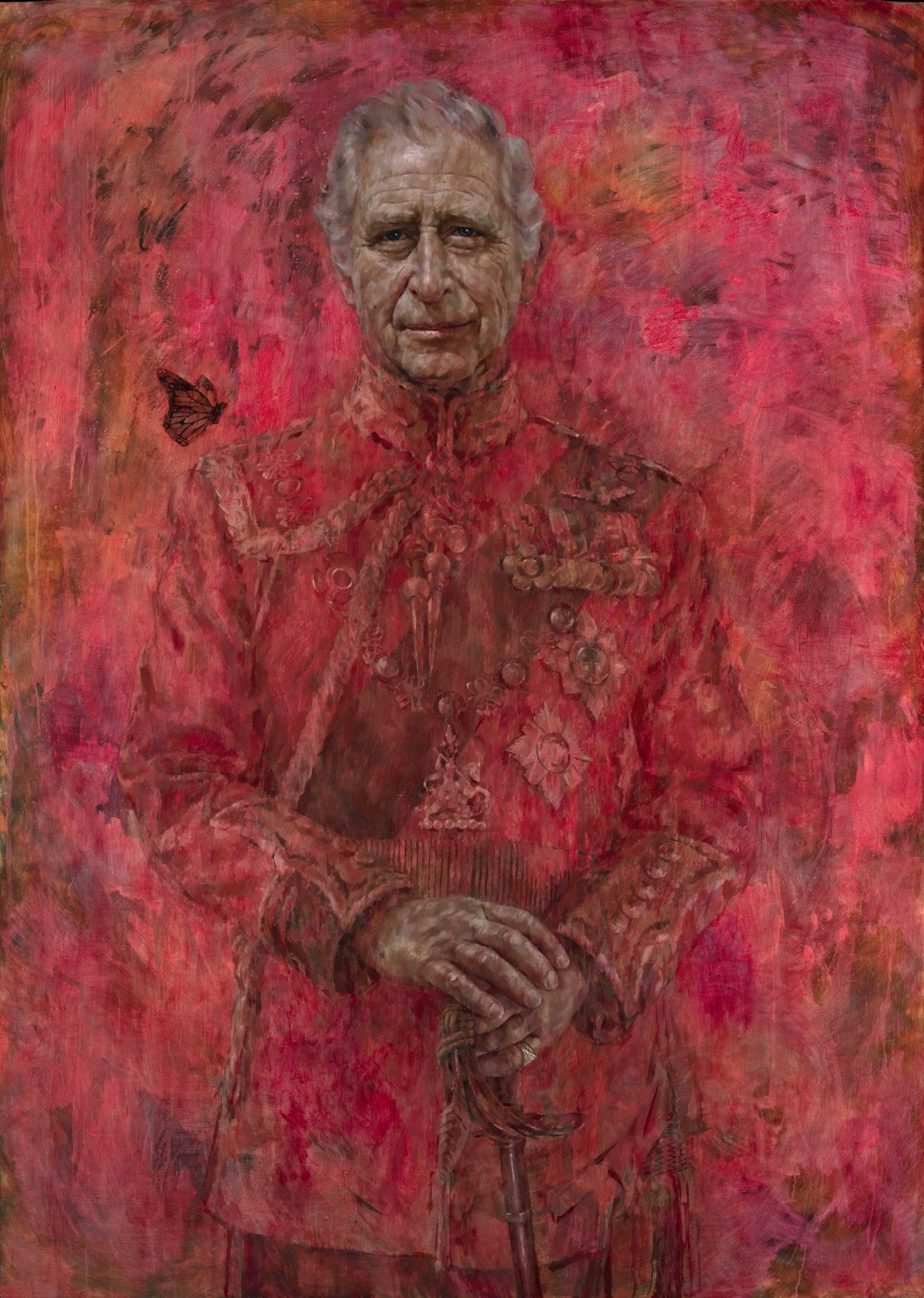 Le portrait de Jonathan Yeo représente le roi Charles III debout devant un fond rouge, portant l'uniforme des Welsh Guards, régiment pour lequel il a été colonel en 1975.