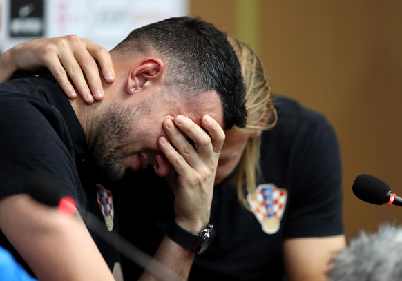epa06861719 Croatia&#039;s goalkeeper Danijel Subasic reacts to a question concerning a friend who died after hitting his head on a concrete wall during a match in 2008, during a press conference with ...