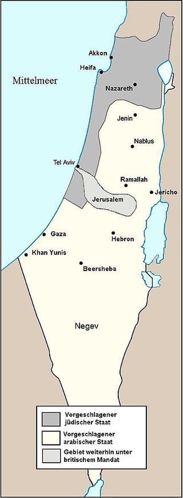 Peel-Vorschlag für eine Aufteilung durch die Peel-Kommission. Schematischer Kartenverlauf. Jaffa (nicht eingezeichnet) liegt südlich von Tel Aviv im britisch kontrollierten Gebiet. In dieser Zone befi ...