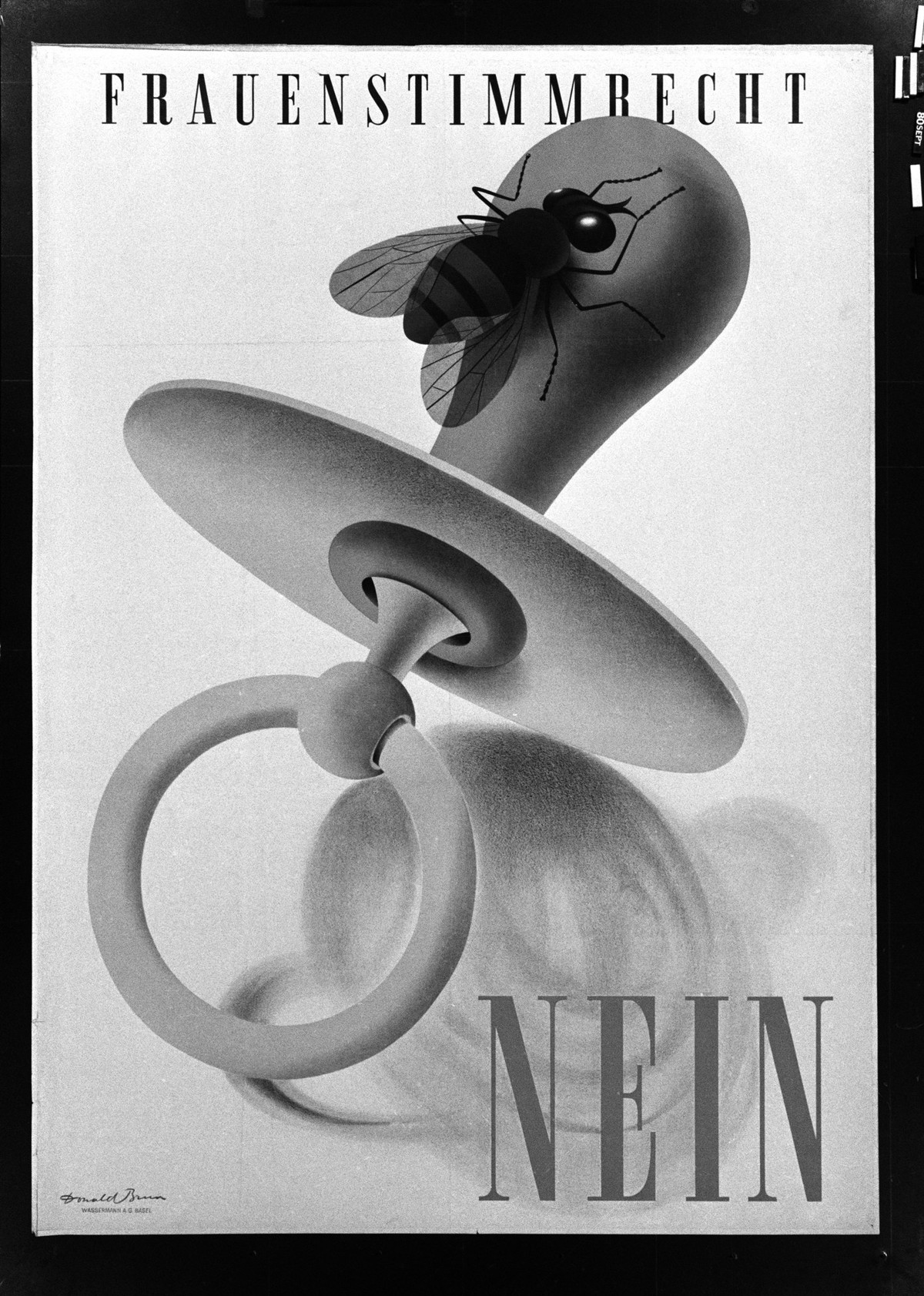 Abstimmungsplakat mit der Nein-Parole zur Einfuehrung des Frauenstimmrechts gestaltet von Donald Brun. Das Plakat wurde in der Deutschschweiz im Abstimmungskampf von 1946 eingesetzt. Das Frauenstimmre ...