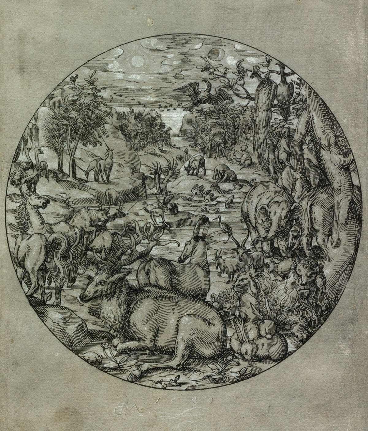 Runder Scheibenriß: die Tiere im Paradies von Christoph Murer, 1580.
https://nbn-resolving.org/urn:nbn:de:bvb:29-bv041445114-7