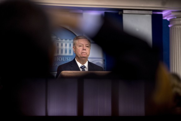 Sen. Lindsey Graham, R-S.C., takes a question from a reporter in the Briefing Room of the White House in Washington, Sunday, Oct. 27, 2019, following an announcement from President Donald Trump that I ...