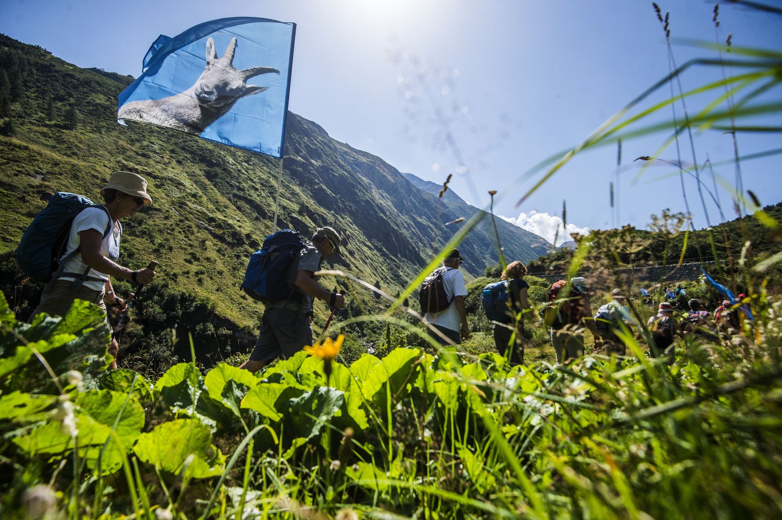 Mehrere Dutzend Aktivisten sind am Samstag, 8. August 2015 oberhalb von Hospental unterwegs zum Gotthardpass auf ihrem Marsch gegen die 2. Gotthardroehre. Der von der Alpeninitiative organisierte Mars ...