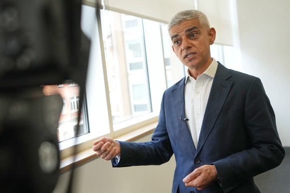 London Mayor Sadiq Khan, is interviewed after a walkabout through the borough of Camden in London, Thursday, July 23, 2026. (AP Photo/Kirsty Wigglesworth)
Britain Crime