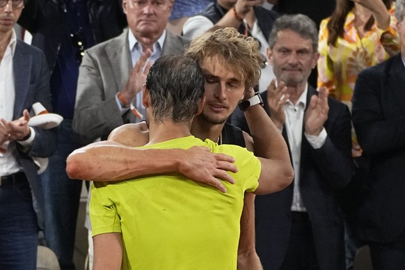 FILE - Germany&#039;s Alexander Zverev hugs Spain&#039;s Rafael Nadal, after their semifinal match of the French Open tennis tournament at the Roland Garros stadium Friday, June 3, 2022 in Paris. Alex ...