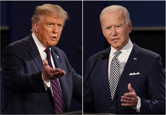 FILE - This combination of Sept. 29, 2020, file photos shows President Donald Trump, left, and former Vice President Joe Biden during the first presidential debate at Case Western University and Cleve ...