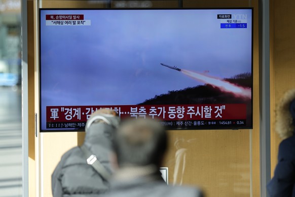 A TV screen shows a report of North Korea&#039;s cruise missiles with file footage during a news program at the Seoul Railway Station in Seoul, South Korea, Wednesday, Jan. 24, 2024. South Korea&#039; ...