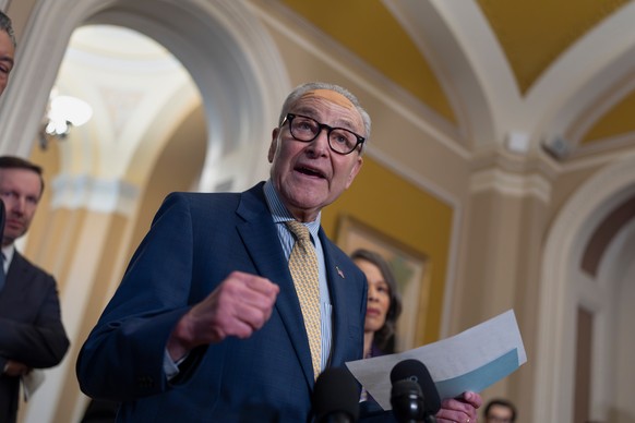 Senate Minority Leader Chuck Schumer, D-N.Y., speaks on fair elections and the Supreme Court's ruling to strike down a majority Black congressional district in Louisiana, at the Capitol in Washin ...