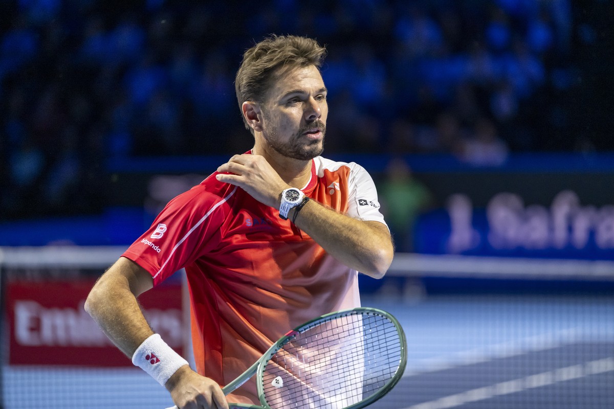 Switzerland's Stan Wawrinka during his first round match against Czech Republic's Jiri Lehecka at the Swiss Indoors tennis tournament at the St. Jakobshalle in Basel, Switzerland, on Tuesday ...