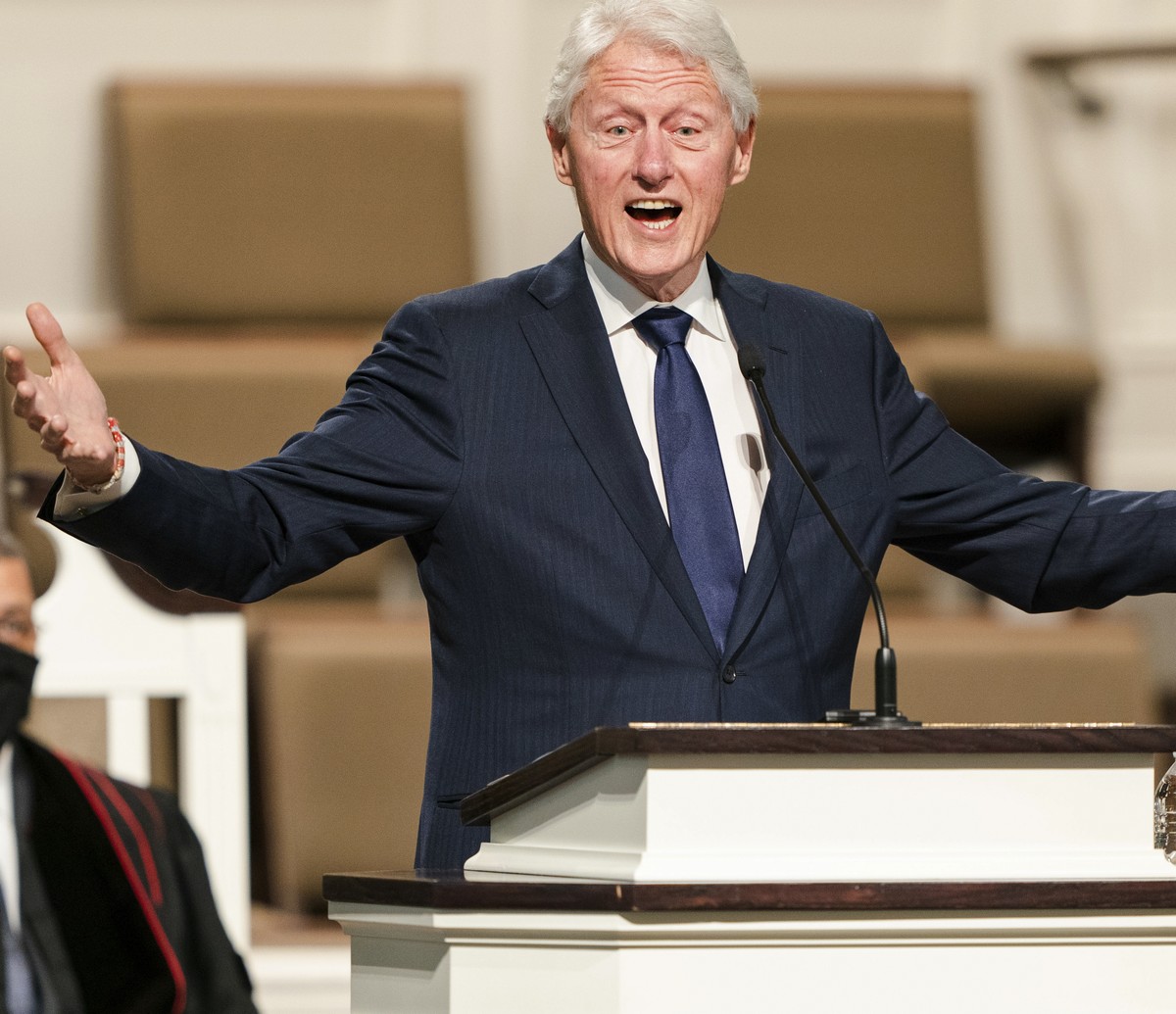 FILE - In this Jan. 27, 2021, file photo, former President Bill Clinton speaks during funeral services for Henry "Hank" Aaron, at Friendship Baptist Church in Atlanta. (Kevin D. Liles/Atlant ...