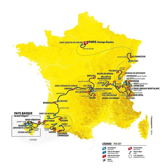 Der offizielle Streckenplan der 110. Ausgabe der Tour de France 2023.