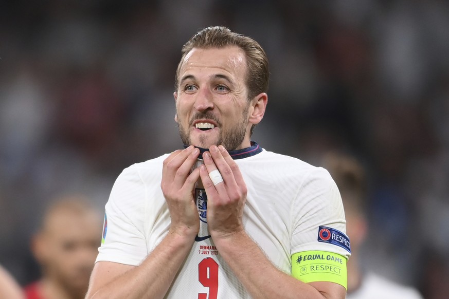 England&#039;s Harry Kane reacts after a missed scoring opportunity during the Euro 2020 soccer semifinal match between England and Denmark at Wembley stadium in London, Wednesday, July 7, 2021. (Laur ...