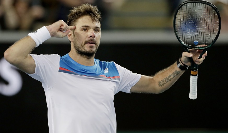 epa08154242 Stan Wawrinka of Switzerland celebrates winning his men&#039;s singles second round match against Andreas Seppi of Italy at the Australian Open Grand Slam tennis tournament in Melbourne, A ...