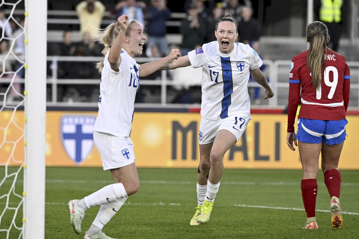 Finland's Nea Lehtola, left, celebrates after scoring her side's first goal during the Women's Nations League, group B3, football match between Finland and Serbia in Helsinki, Finland,  ...
