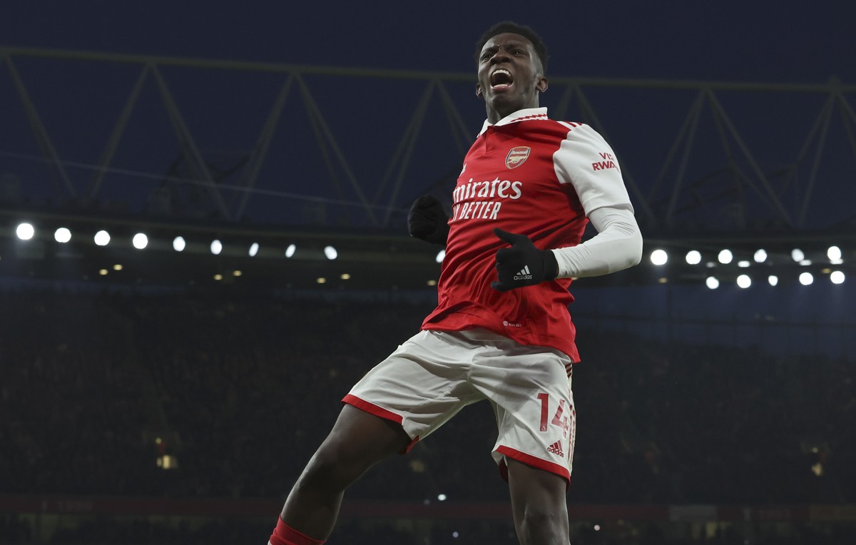 Arsenal's Eddie Nketiah celebrates after scoring his side's opening goal during the English Premier League soccer match between Arsenal and Manchester United at Emirates stadium in London, S ...
