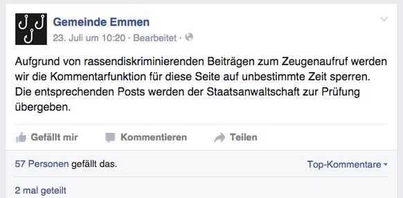 Screenshot der Facebook-Seite der Gemeinde Emmen.