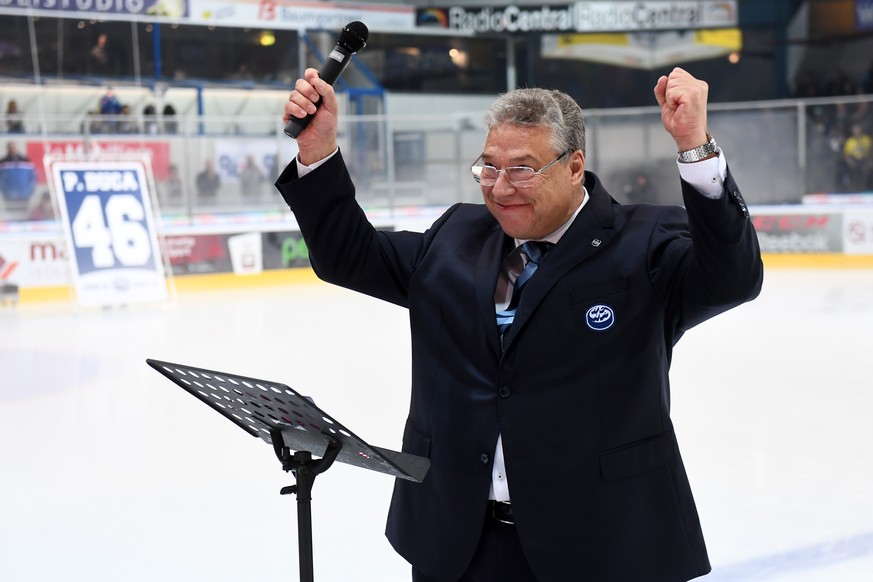 Ambri&#039;s president Filippo Lombardi during the retreat ceremony of Paolo Duca&#039;s jersey number 46 before the preliminary round game of the National League Swiss Championship 2017/18 between HC ...