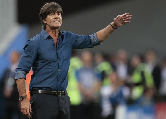 Germany coach Joachim Loew gives indications during the Confederations Cup final soccer match between Chile and Germany, at the St.Petersburg Stadium, Russia, Sunday July 2, 2017. (AP Photo/Ivan Sekre ...