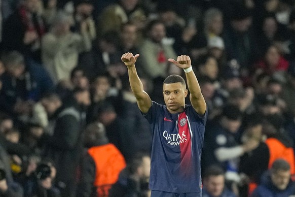 Kylian Mbappé, Paris Saint-Germain player, celebrated after scoring his team's first goal during the first leg of the Champions League round of 16 match between Paris Saint-Germain and Real Sociedad, at the Parc Stadium.