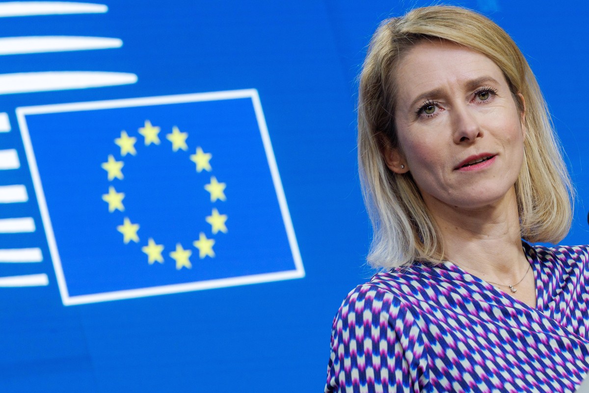 epa12825755 European Union High Representative for Foreign Affairs and Security Policy Kaja Kallas speaks during a press conference following a Foreign Affairs Council meeting at the Council of the Eu ...