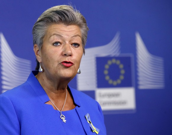 epa10163974 European Commissioner for Home Affairs Ylva Johansson gives a press conference on the EU-Russia travel agreement in Brussels, Belgium, 06 September 2022. Johansson came back on proposals t ...