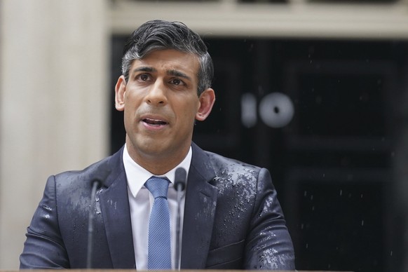 Britain&#039;s Prime Minister Rishi Sunak delivers a statement, outside 10 Downing Street, London, Wednesday, May 22, 2024. Sunak has set the date of July 4, 2024 for the national election to determin ...