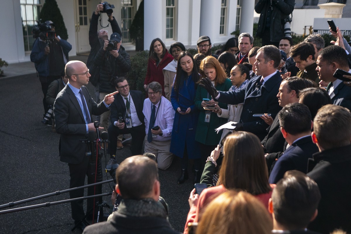 epa10443227 Special Advisor to the President and Spokesman for White House Counsel's Office, Ian Sams (L), responds to a question from the news media at the White House in Washington, DC, USA, 01 ...