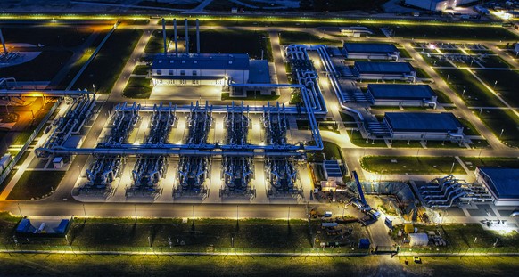 epa10168305 A picture taken with a drone shows pipes at the landfall facilities of the &#039;Nord Stream 2&#039; gas pipeline in Lubmin, Germany, 07 September 2022. Gas supplies are being used by Russ ...