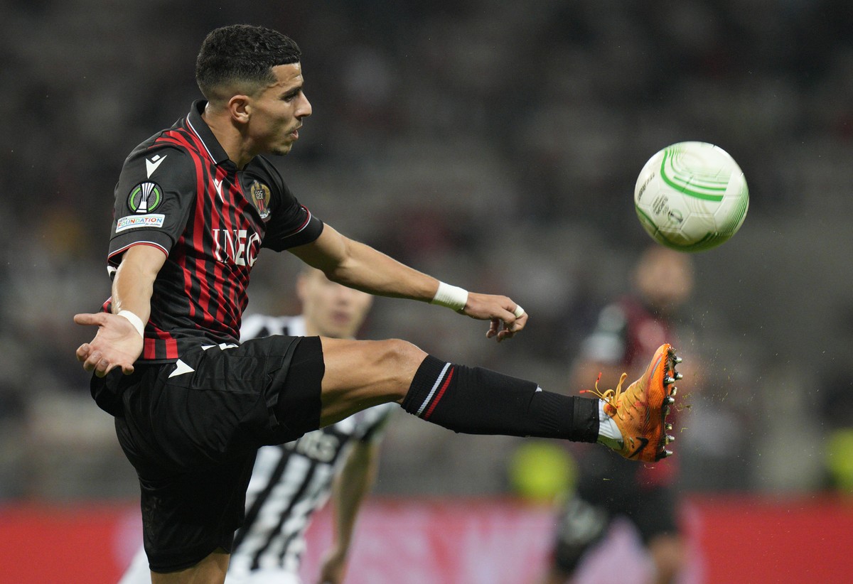 FILE - Nice's Youcef Atal in action during the Conference League Group D soccer match between Nice and Partizan at Allianz Riviera stadium in Nice, France, on Oct. 27, 2022. The Nice public prose ...